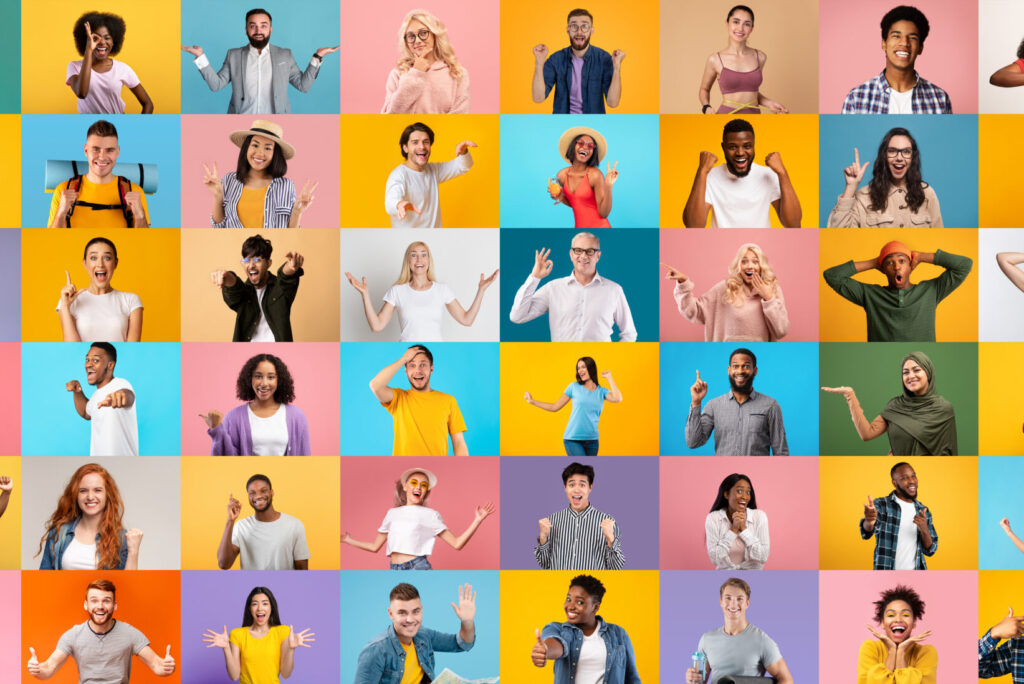 collage of different happy people portraits over bright studio backgrounds