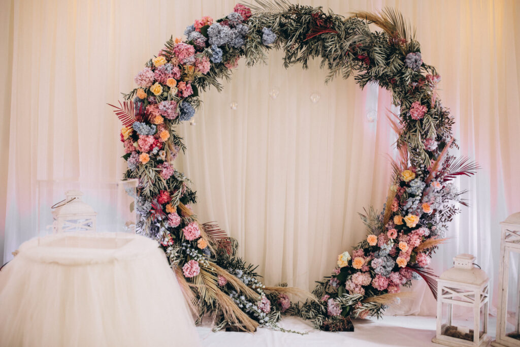 decorated wedding tables and hall interior
